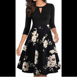 YATHON Vintage Floral Dress Flared A Line Swing Skirt Black Medium M Med New NWT